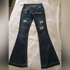 Women’s Dark Indigo Distressed Flare Jeans with Wide Leg, Brand Work Custom Jean